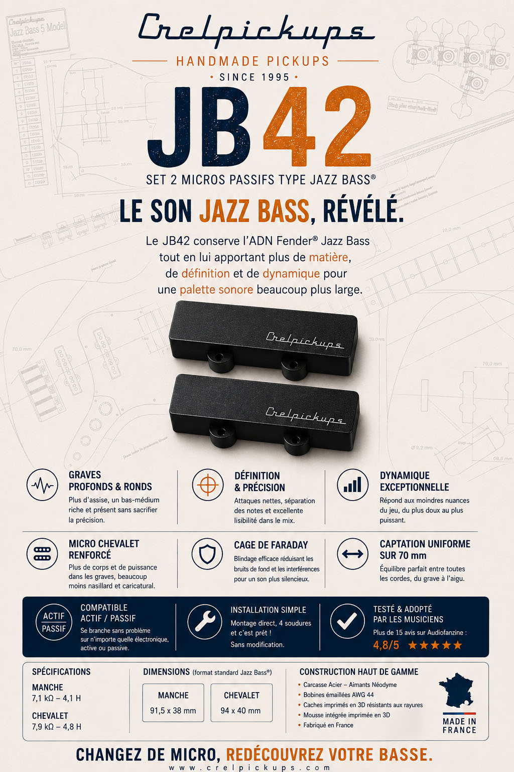 1 MICRO CREL JB42 TYPE Jazz Bass® 4 CORDES – Image 6